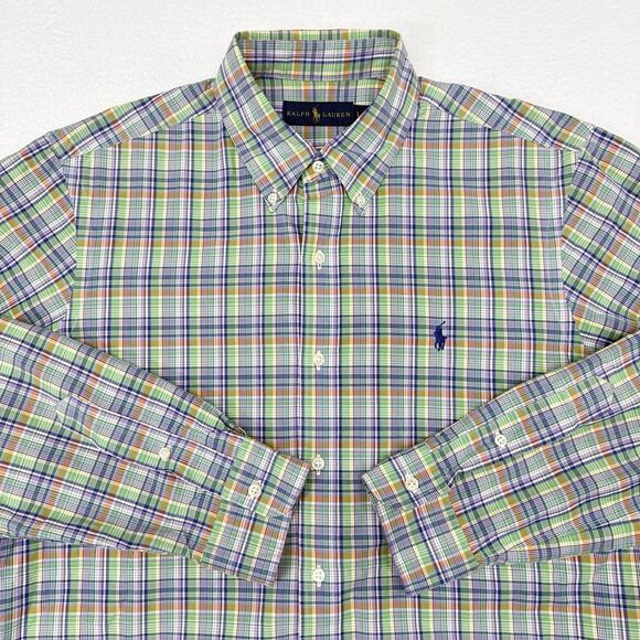 Polo Ralph Lauren Button Down Shirt Size‎ Large Blue Green Plaid Casual Summer - Picture 1 of 10